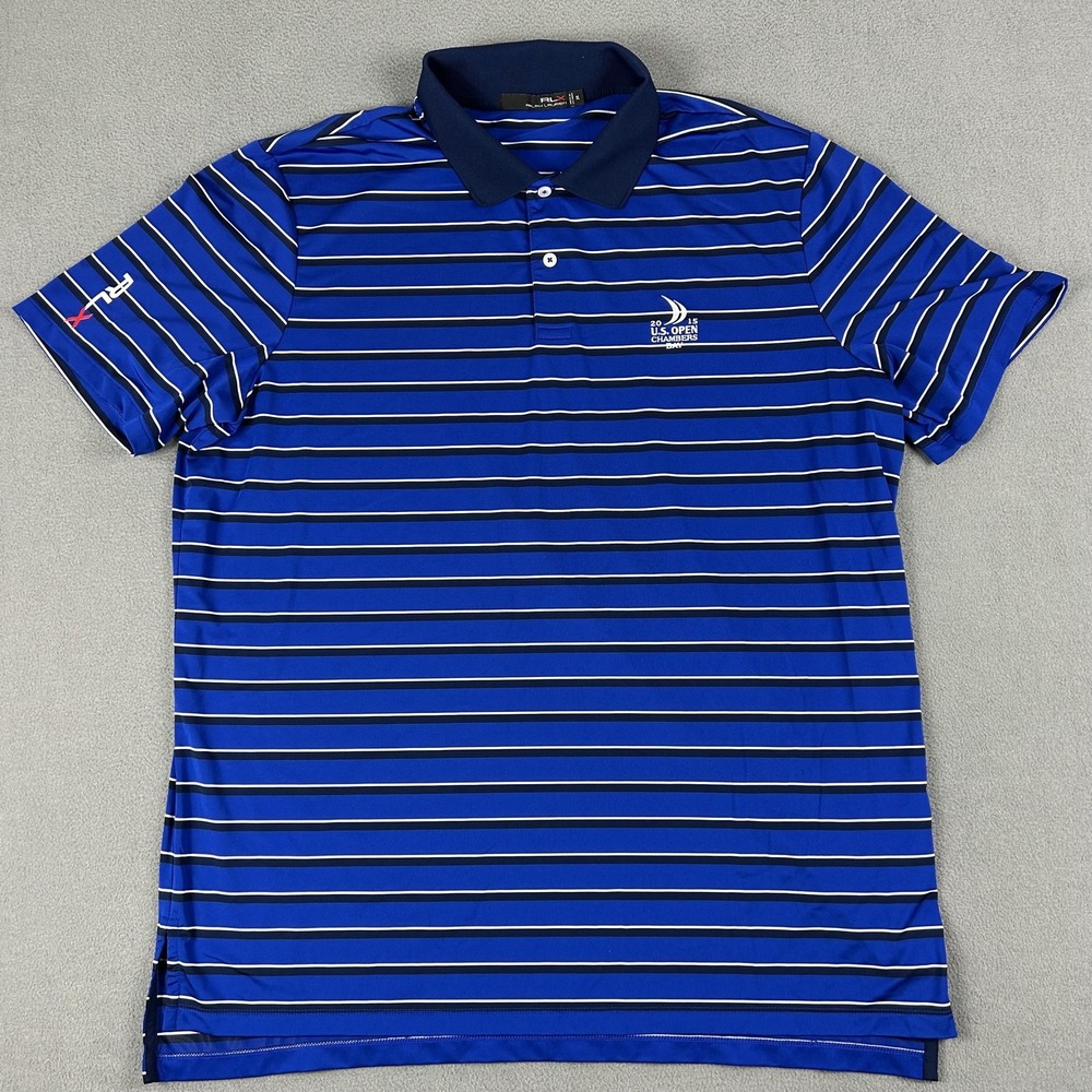 Ralph Lauren Polo Shirt Mens XL Blue Stripe 2015 US Open Chambers Golf RLX